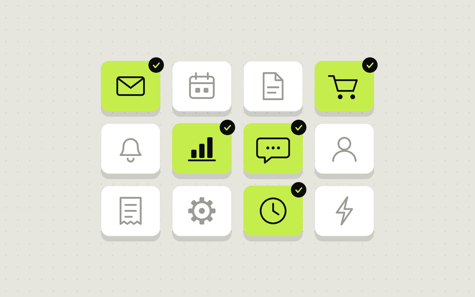Illustration of a grid of twelve workflow icons, five of them highlighted as automated