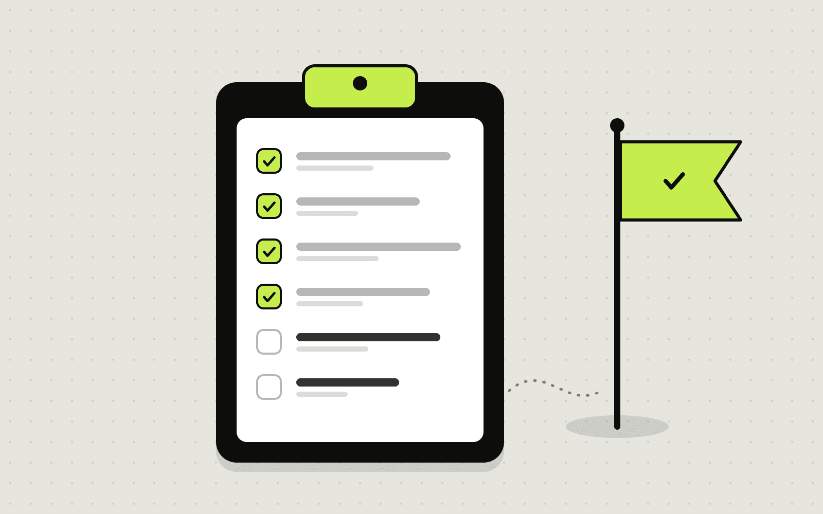 Illustration of a clipboard checklist with most steps ticked and a go-live flag beside it
