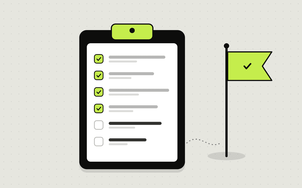 Illustration of a clipboard checklist with most steps ticked and a go-live flag beside it