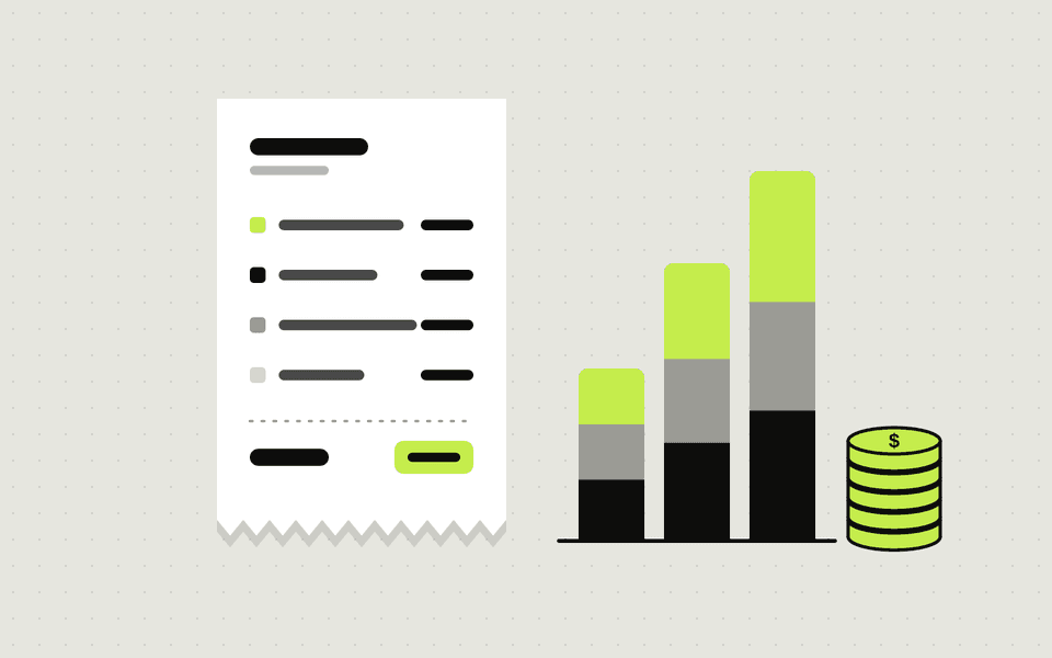 Illustration of an itemised receipt next to stacked cost bars and a pile of coins