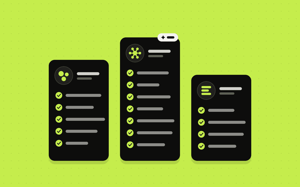 Illustration of three comparison cards of different heights, each with a checklist of features