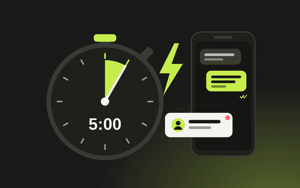 Illustration of a stopwatch showing five minutes next to a phone receiving a new lead