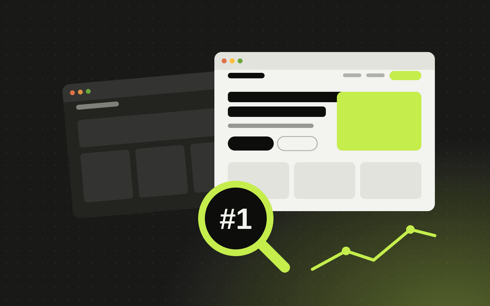 Illustration of an old website replaced by a new one, with a magnifying glass showing rank one and a rising chart