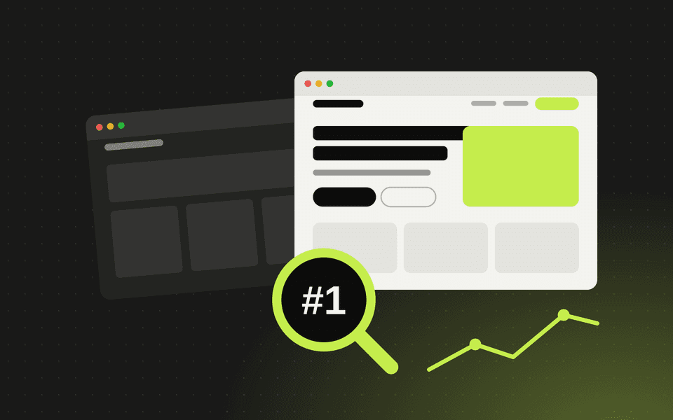 Illustration of an old website replaced by a new one, with a magnifying glass showing rank one and a rising chart