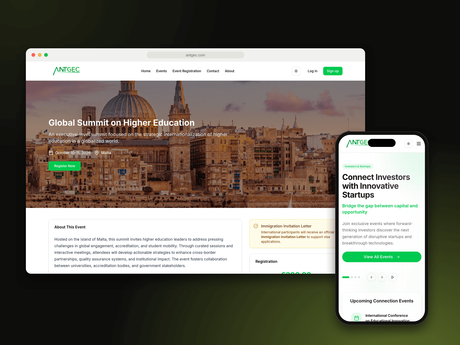 ANTGEC event page on desktop and homepage on mobile