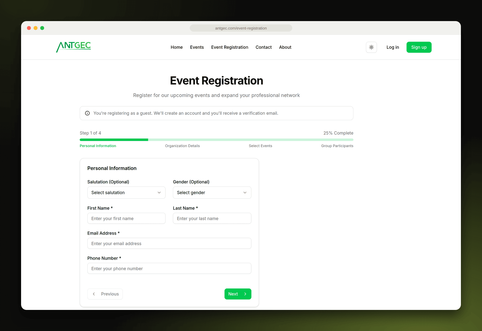 Four-step event registration form