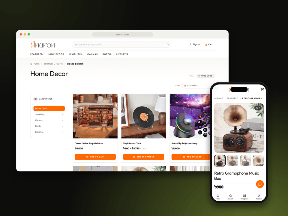 Anuron store on desktop and mobile