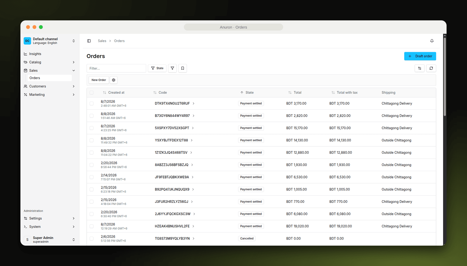 Commerce panel order list with payment status and delivery zone