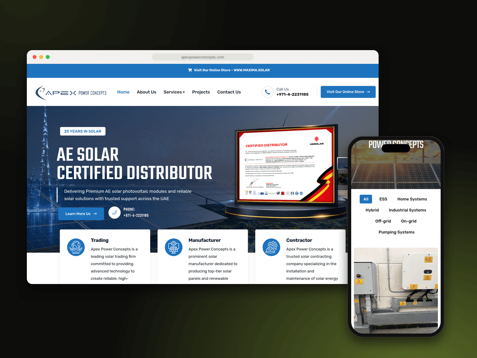 Apex Power Concepts website on desktop and the project archive on mobile