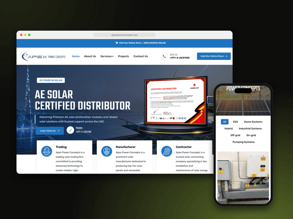 Apex Power Concepts website on desktop and the project archive on mobile