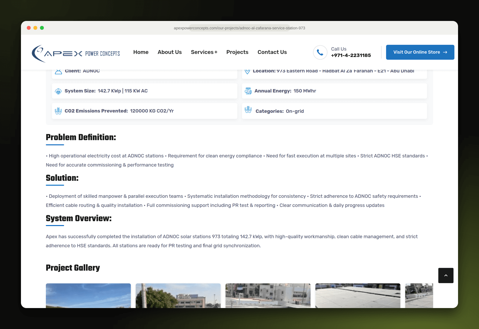 ADNOC service station project with system data, problem and solution