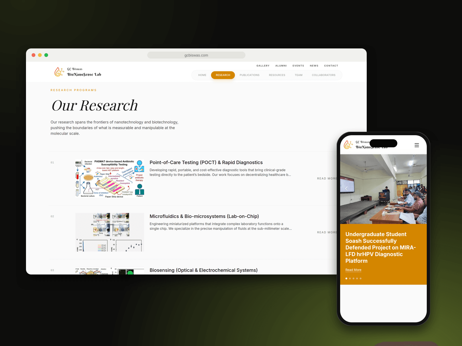 GC Biswas BioNanoSense Lab website on desktop and mobile
