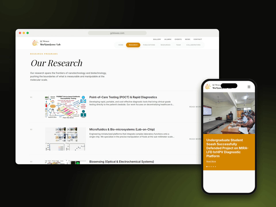 GC Biswas BioNanoSense Lab website on desktop and mobile