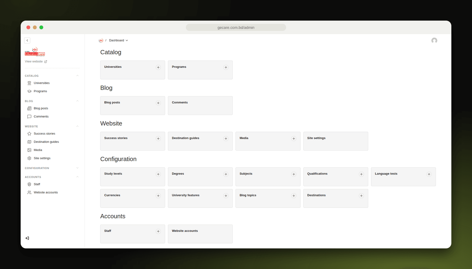 Admin panel for managing universities, programs and guides