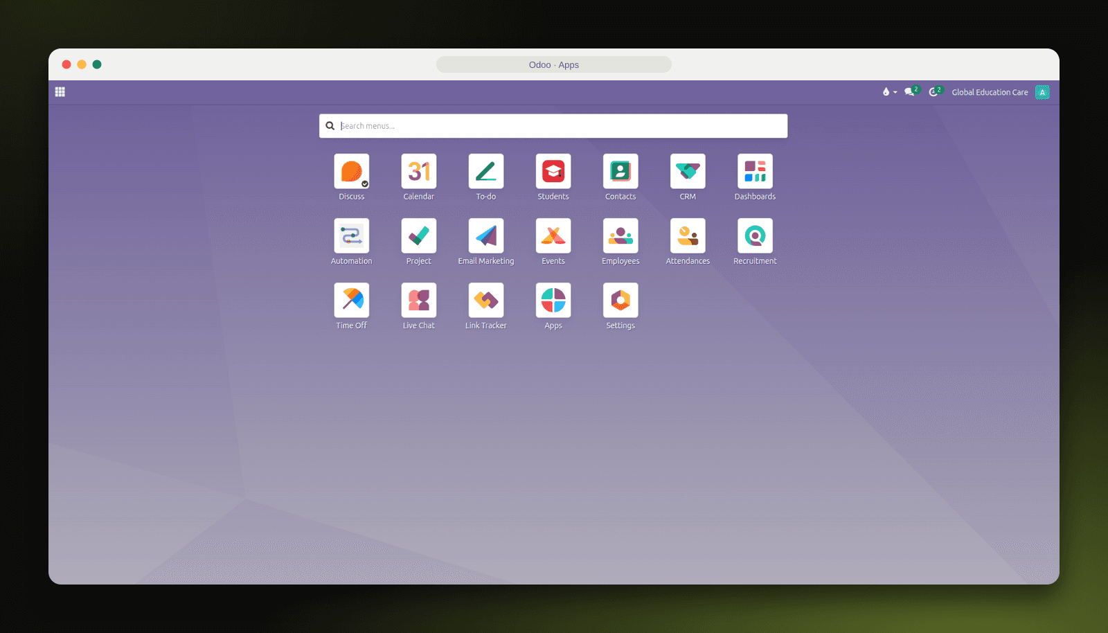 Odoo Community apps used by Global Education Care