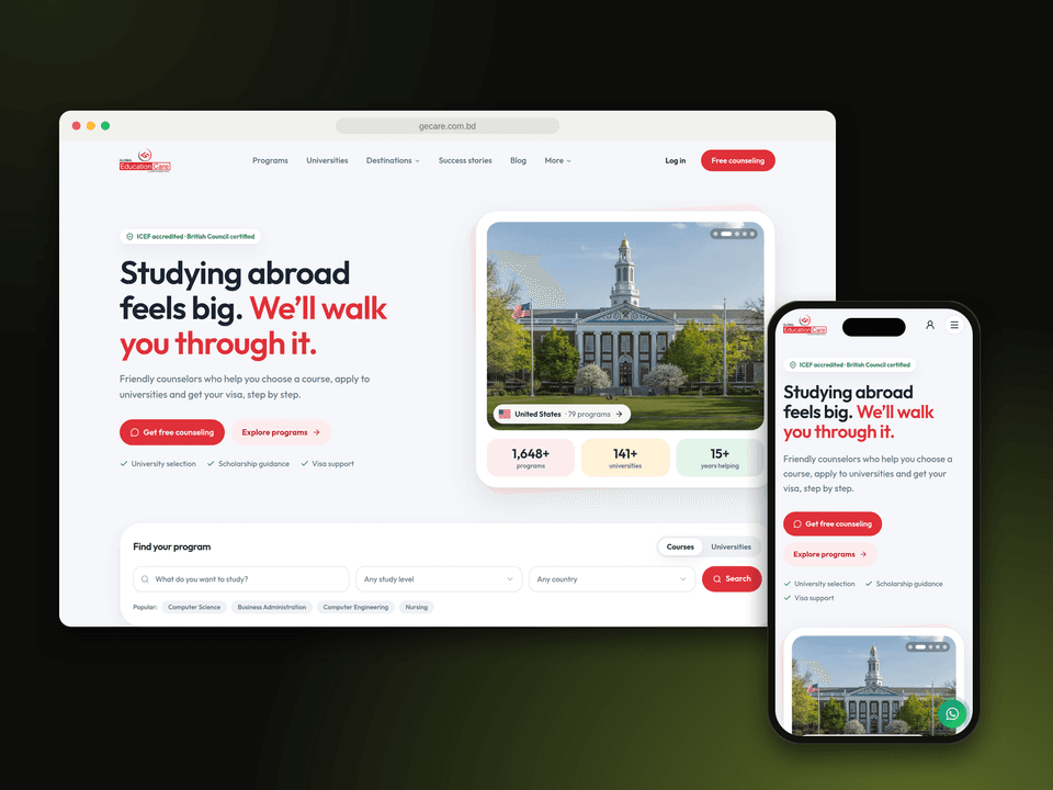 Global Education Care website on desktop and mobile