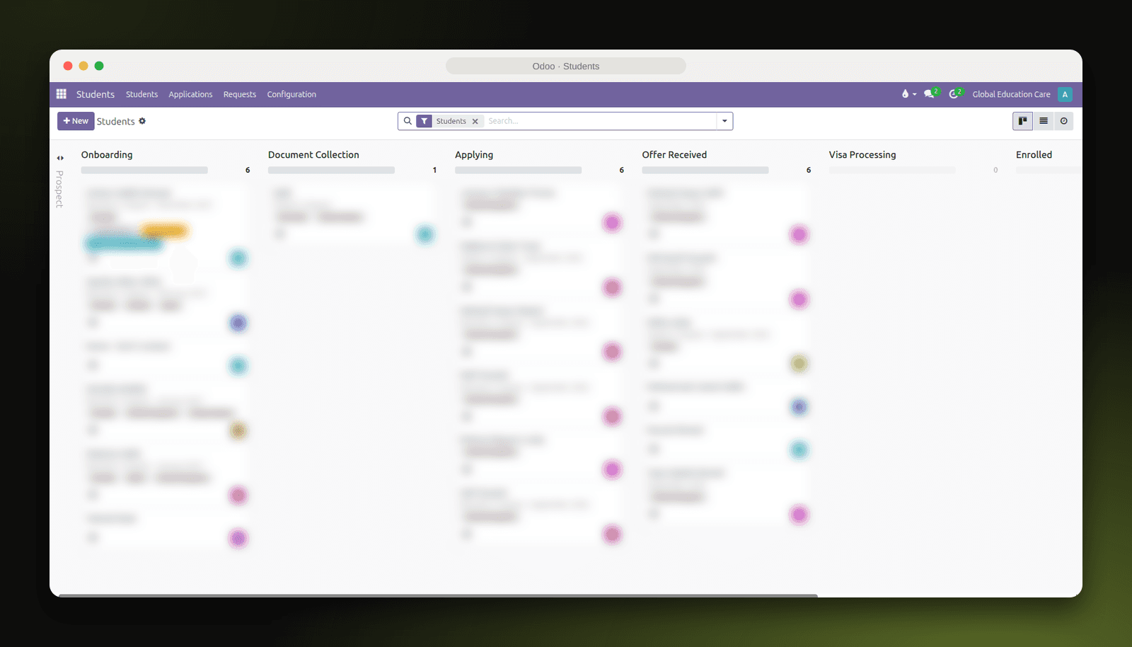Odoo Students pipeline from onboarding to enrolment, with student details blurred