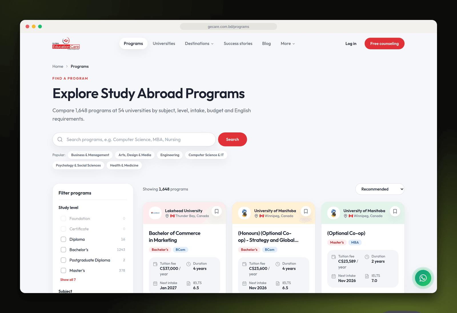 Program search with filters on the Global Education Care website