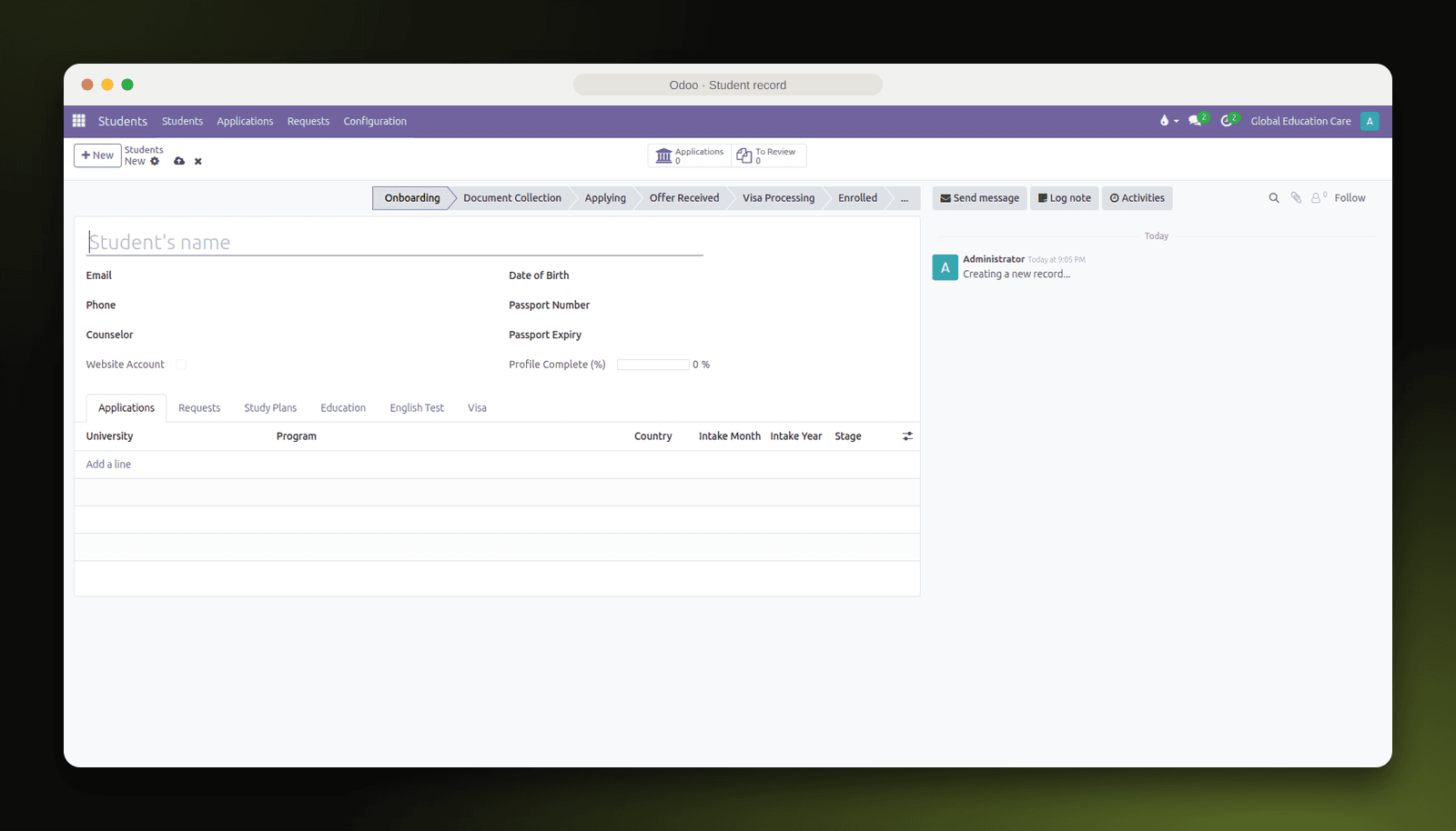 Odoo student record with applications, education, English test and visa tabs