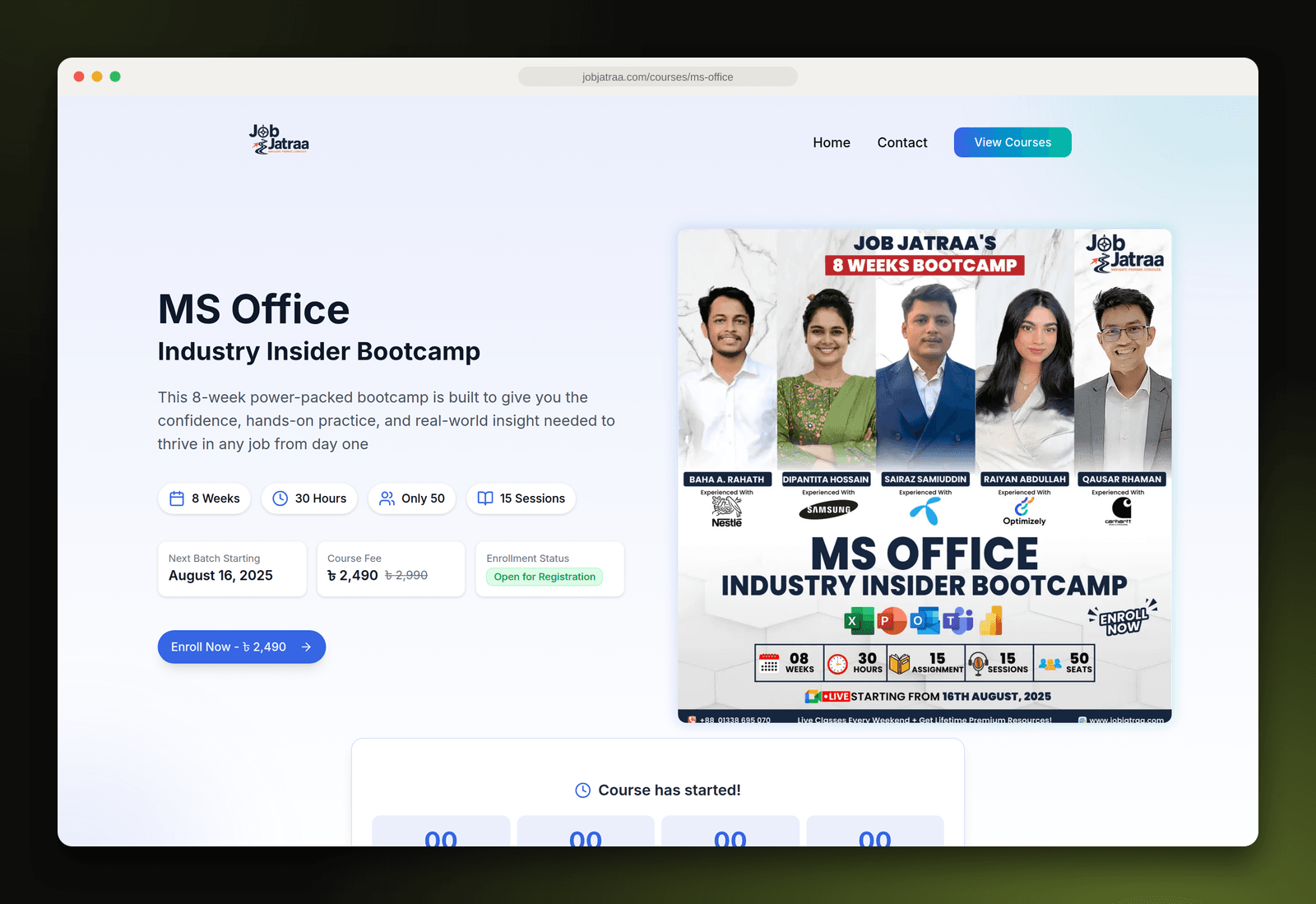 MS Office bootcamp landing page with batch details