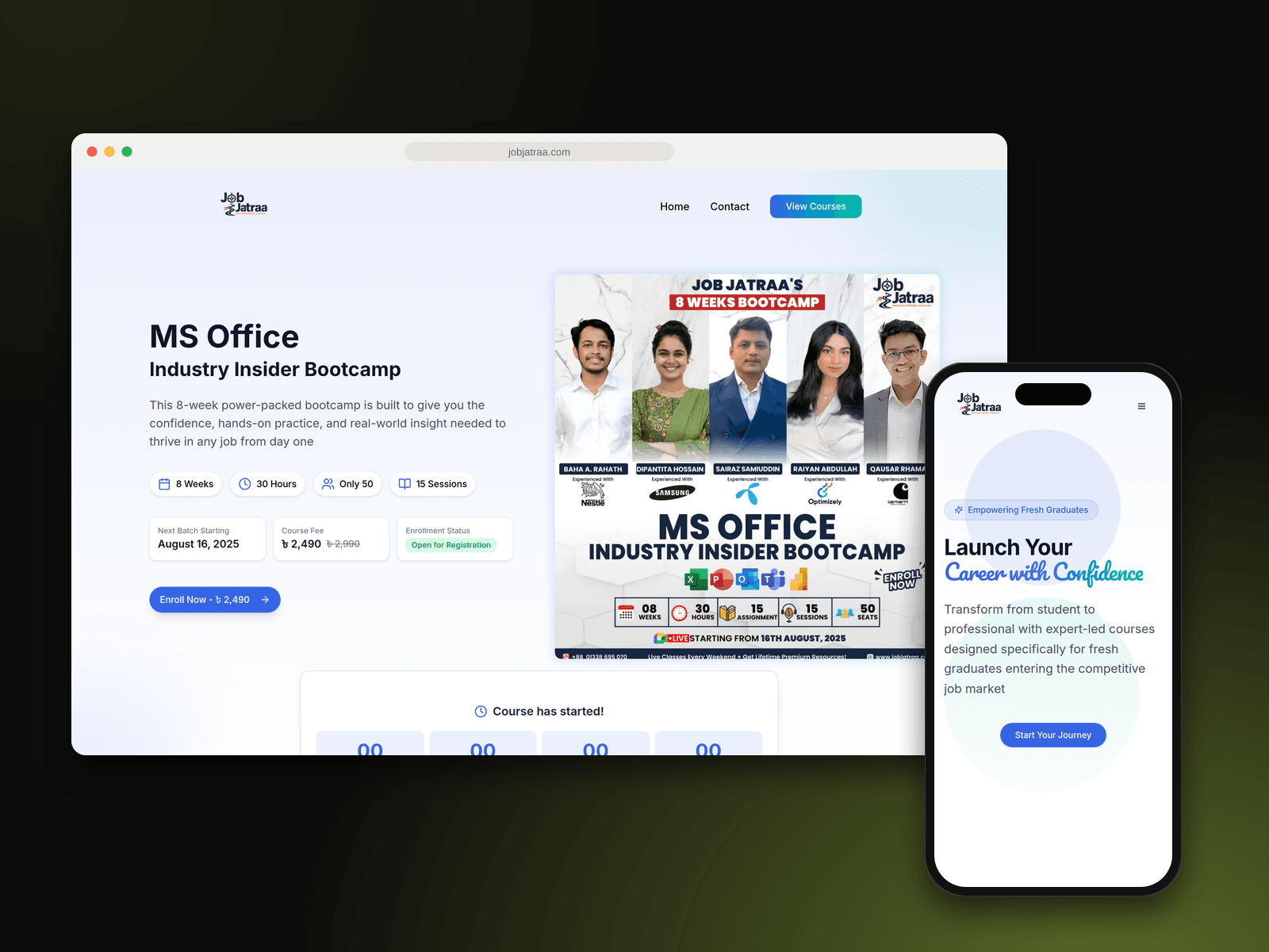 Job Jatraa bootcamp page on desktop and homepage on mobile