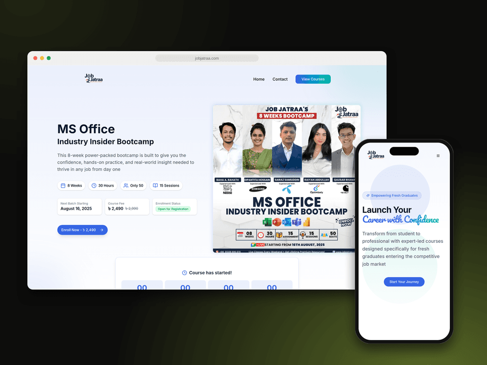 Job Jatraa bootcamp page on desktop and homepage on mobile