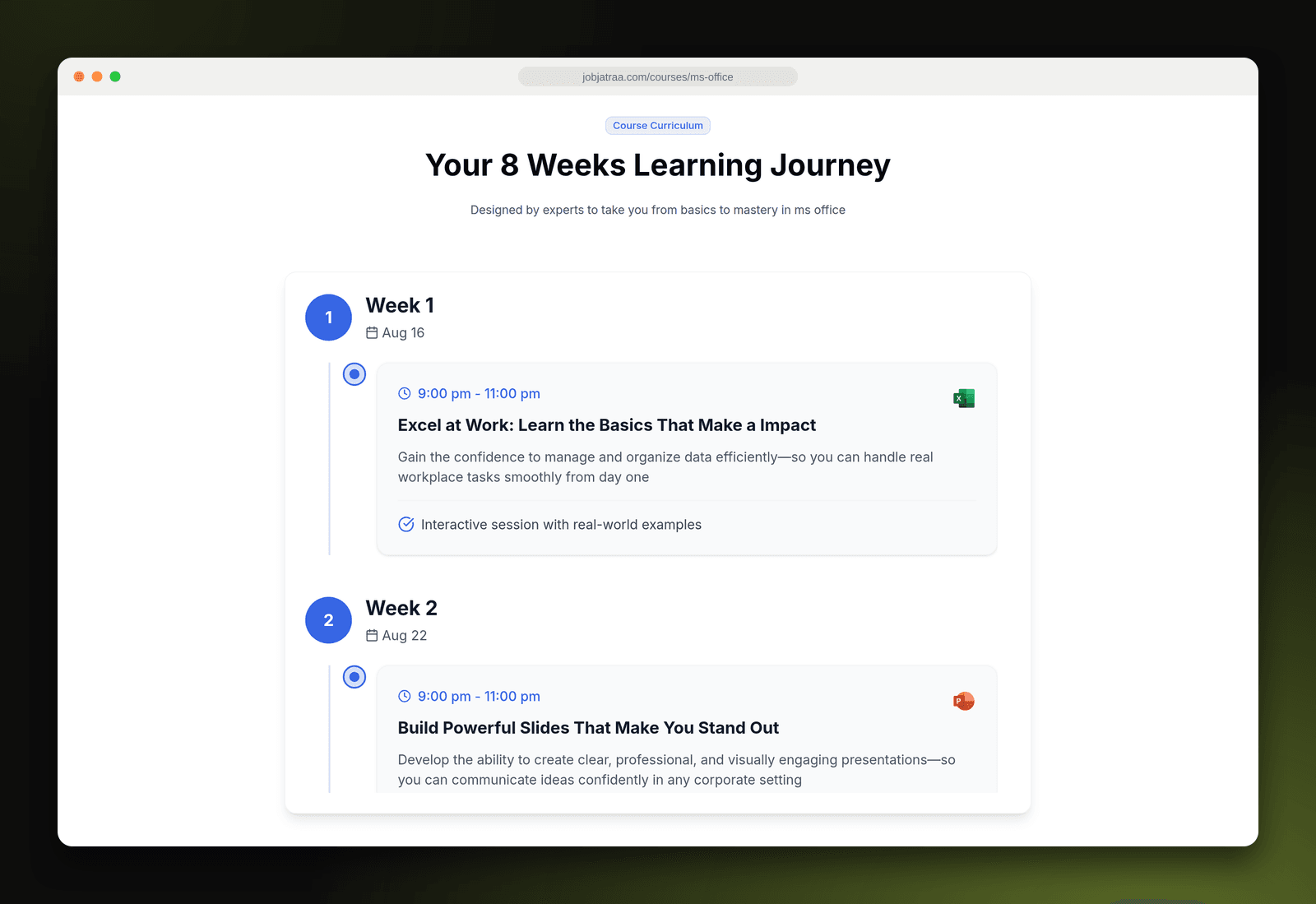 Week-by-week bootcamp curriculum with session times