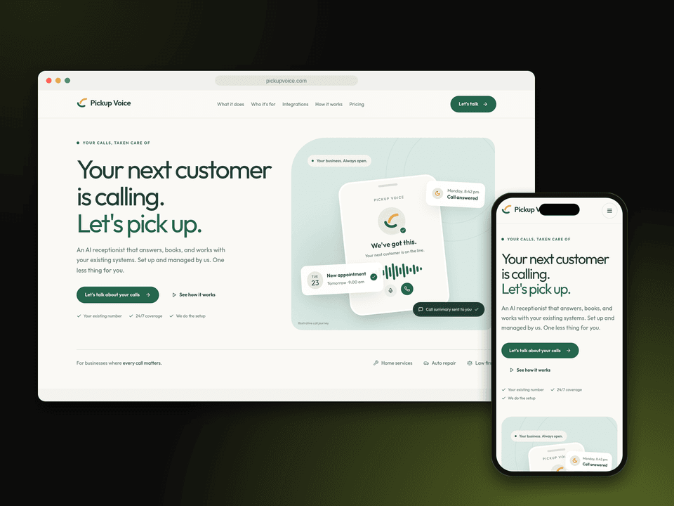 Pickup Voice website on desktop and mobile