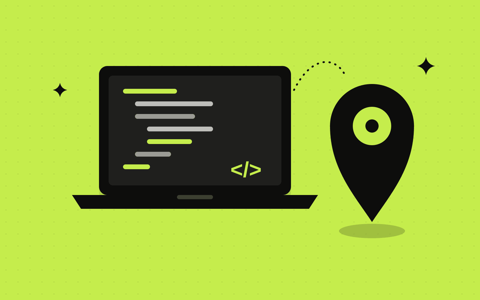 Illustration of a laptop showing code with a location pin beside it