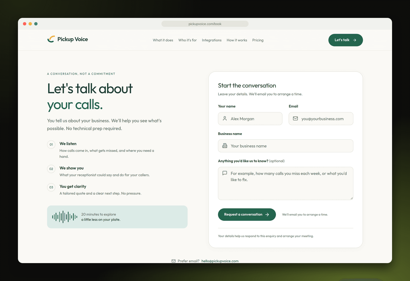 Booking form to start a conversation