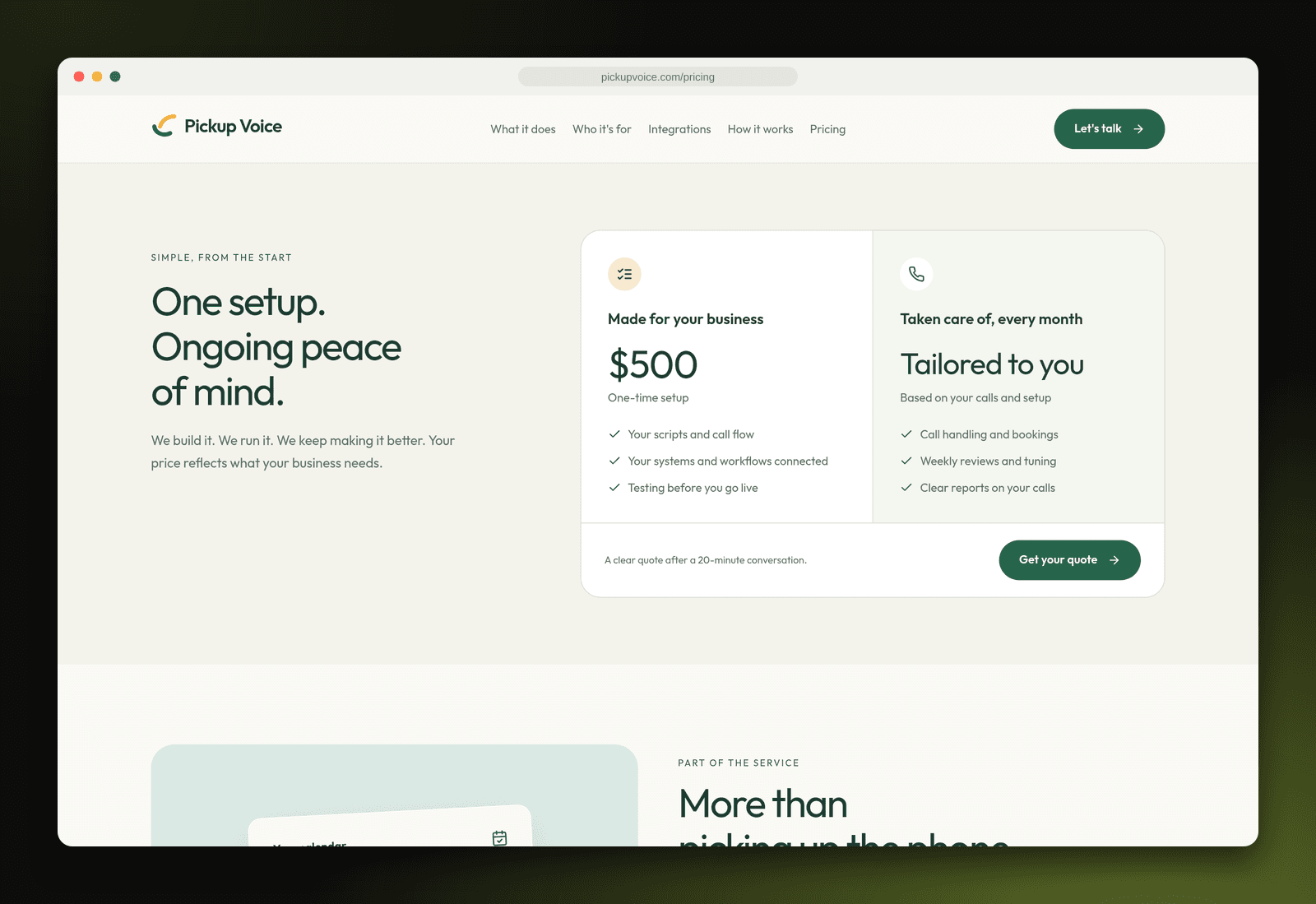 Pickup Voice pricing with a one-time setup and tailored monthly plan