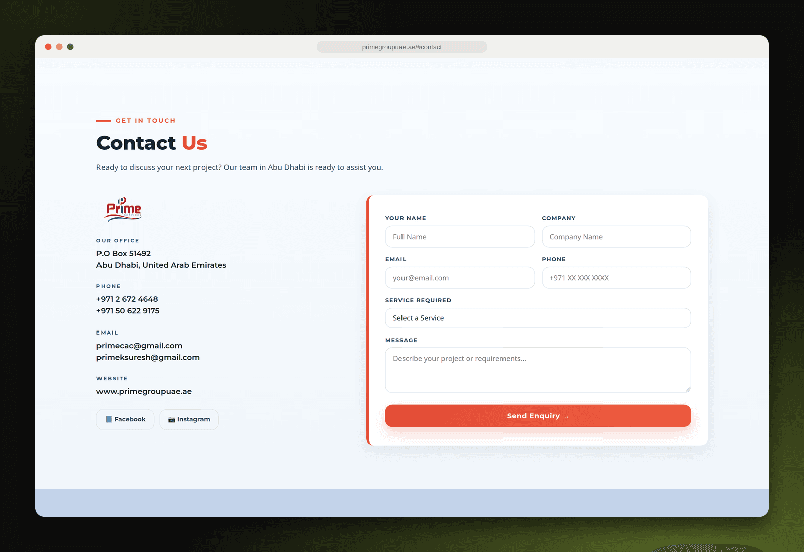 Contact section with office details and the enquiry form