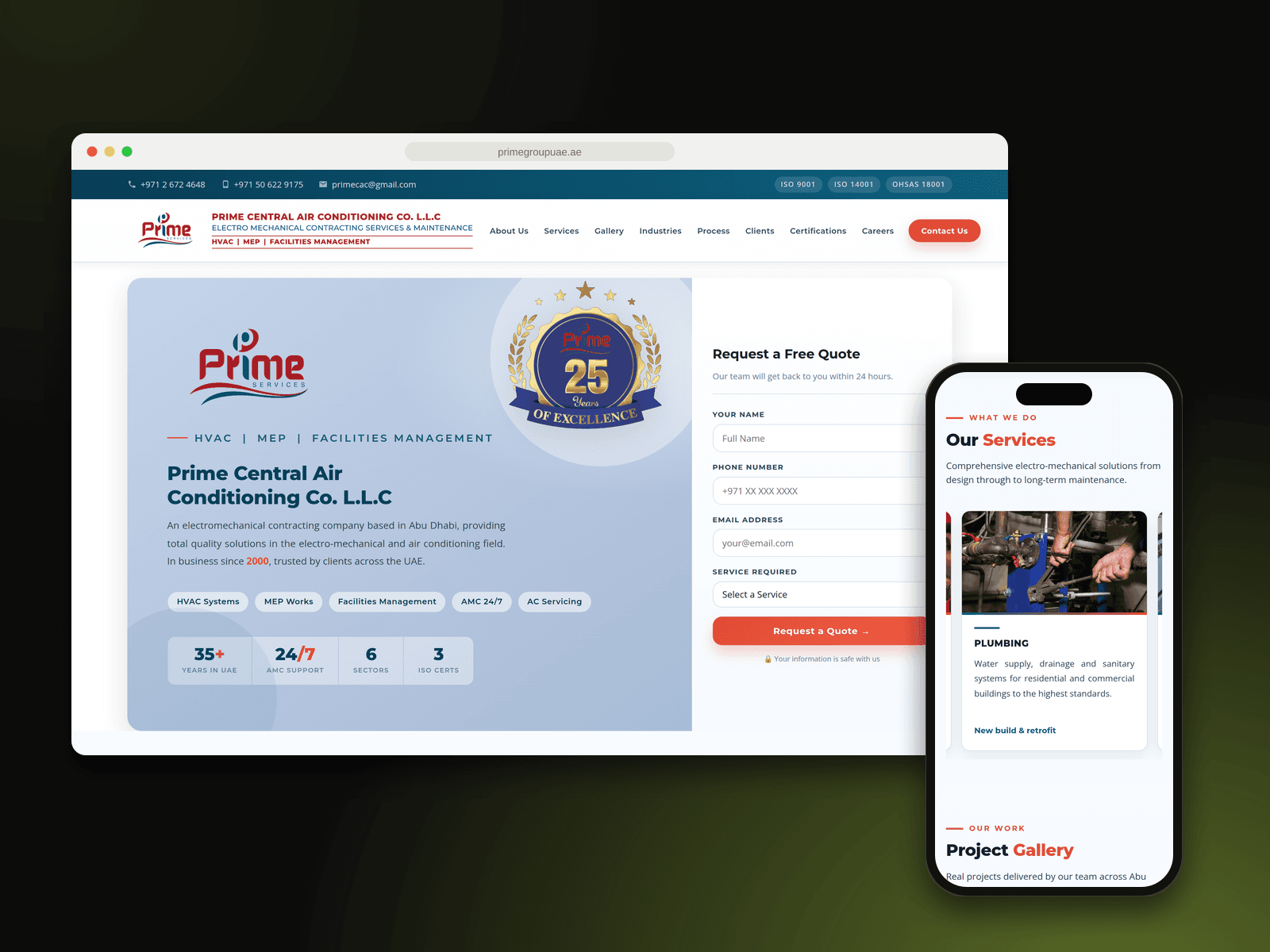 Prime Central Air Conditioning website on desktop and the services carousel on mobile