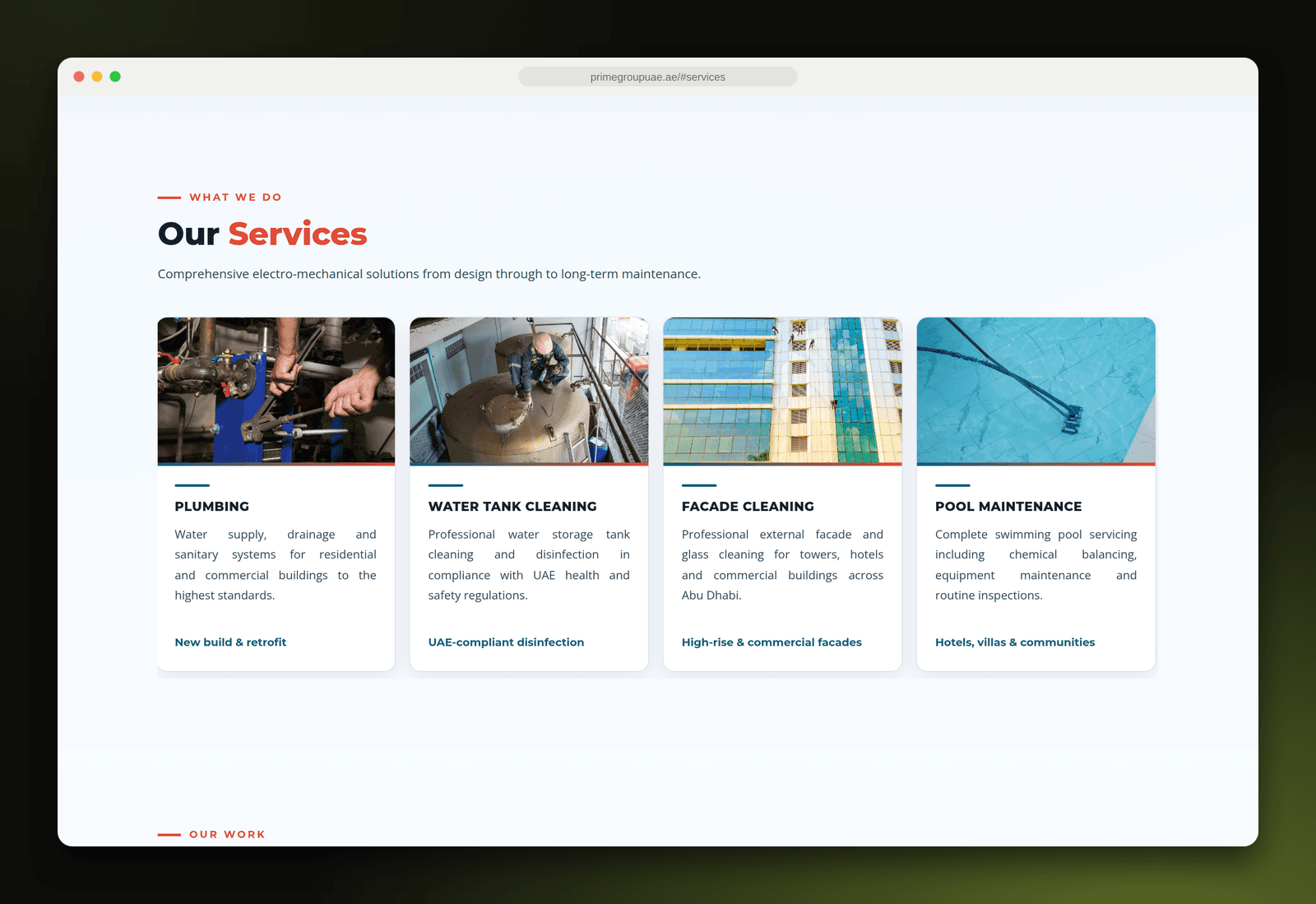 Services carousel with plumbing, water tank cleaning, facade cleaning and pool maintenance